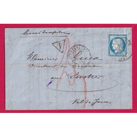 N°60 CAD PONTARLIER TARIF LIMITROPHE TAXE DOUBLE PORT POUR LE SENTIER VAL DE JOUX SUISSE 1876 LETTRE COVER