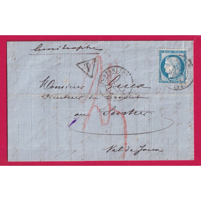 N°60 CAD PONTARLIER TARIF LIMITROPHE TAXE DOUBLE PORT POUR LE SENTIER VAL DE JOUX SUISSE 1876 LETTRE COVER