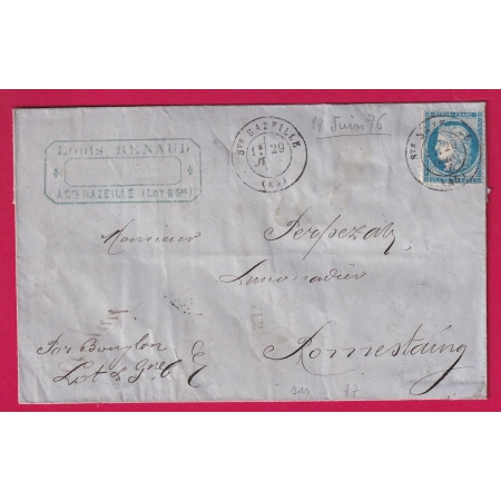 N°60 CAD TYPE 17 STE BAZEILLE LOT ET GARONNE POUR BOUGLON LETTRE COVER