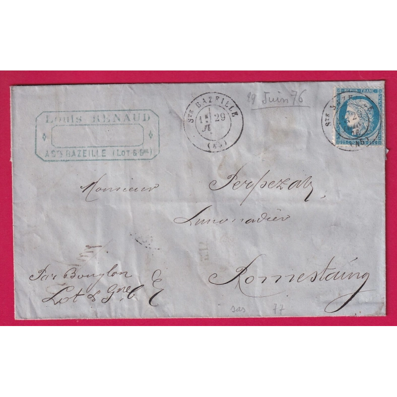 N°60 CAD TYPE 17 STE BAZEILLE LOT ET GARONNE POUR BOUGLON LETTRE COVER