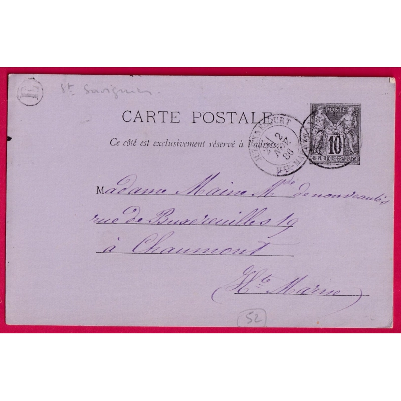 ENTIER SAGE 10C JUZENNECOURT BOITE RURALE ST SAVINIEN LA CHAPELLE 1886 POUR CHAUMONT LETTRE COVER