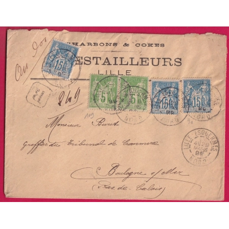 N°90 X3 109 X2 LILLE ESQUERME 1898 LETTRE RECOMMANDE POUR BOULOGNE SUR MER COVER