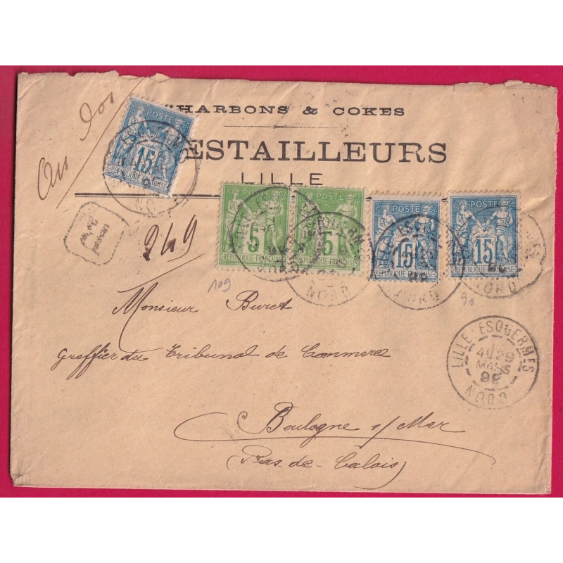 N°90 X3 109 X2 LILLE ESQUERME 1898 LETTRE RECOMMANDE POUR BOULOGNE SUR MER COVER