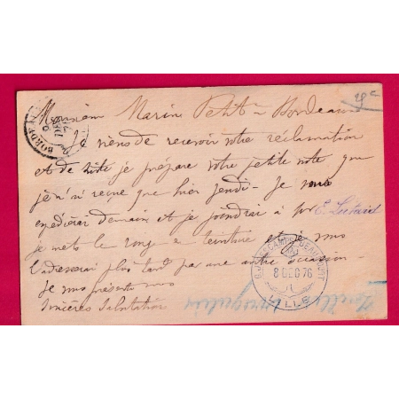 N°64 65 LILLE NORD POUR BORDEAUX CARTE PRECURSEUR 8 DEC 1876 LETTRE COVER