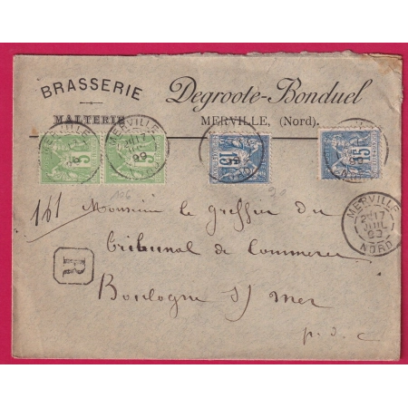 N°106 PAIRE 90 X2 MERVILLE NORD 1899 LETTRE RECOMMANDE POUR BOULOGNE SUR MER COVER