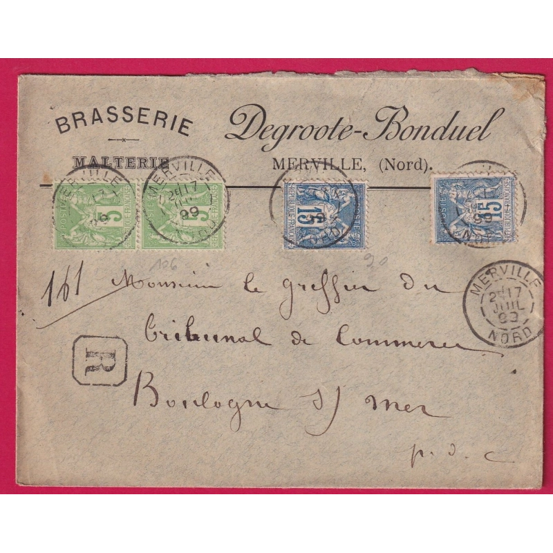 N°106 PAIRE 90 X2 MERVILLE NORD 1899 LETTRE RECOMMANDE POUR BOULOGNE SUR MER COVER