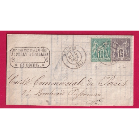 N°65 77 ST OMER PAS DE CALAIS 1877 POUR PARIS LETTRE COVER