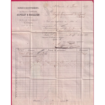 N°65 77 ST OMER PAS DE CALAIS 1877 POUR PARIS LETTRE COVER