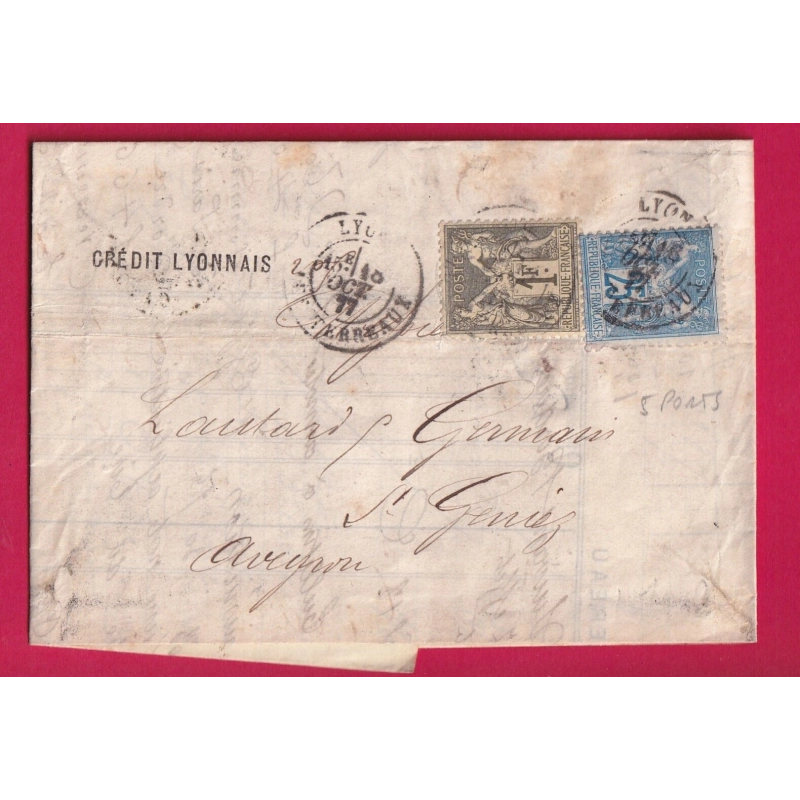 N°72 78 LYON LETTRE 5 PORTS POUR ST GENIEZ AVEYRON LETTRE COVER