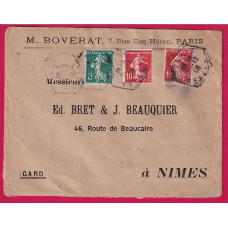 N°137 138 X2 PARIS LEVEE EXCEPTIONNELLE DOUBLE PORT PARIS DEPART POUR NIMES 1908 LETTRE COVER
