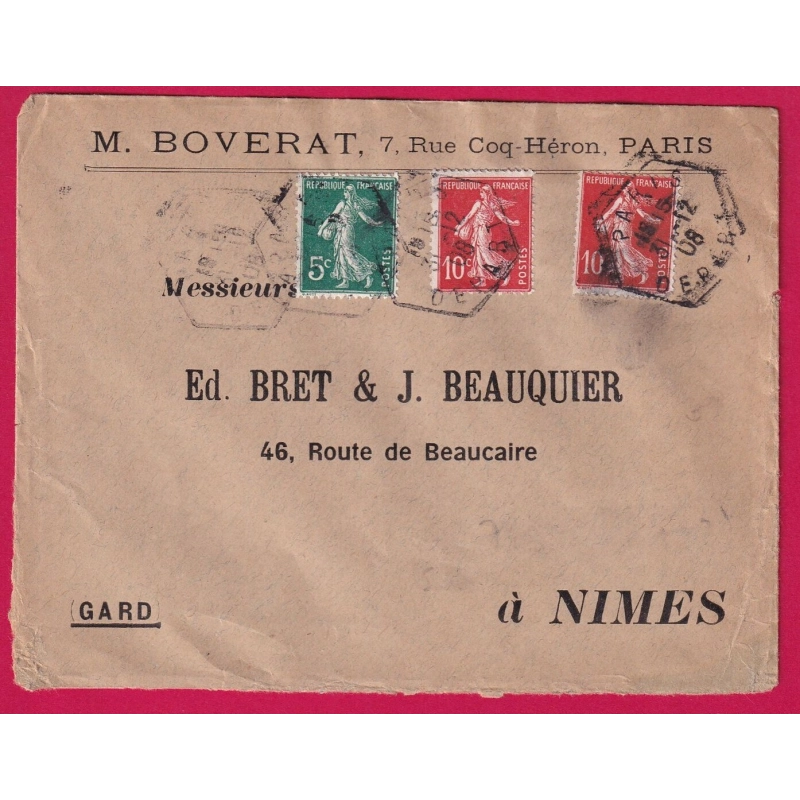 N°137 138 X2 PARIS LEVEE EXCEPTIONNELLE DOUBLE PORT PARIS DEPART POUR NIMES 1908 LETTRE COVER