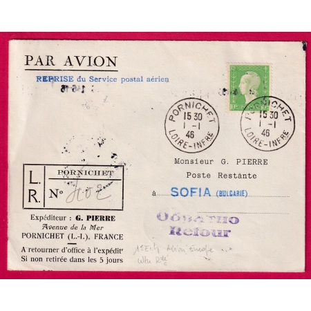 N°698 SEUL SUR LETTRE PORNICHET 1946 POUR SOFIA BULGARIE LETTRE RECOMMANDE PAR AVION LOIRE INFERIEURE COVER