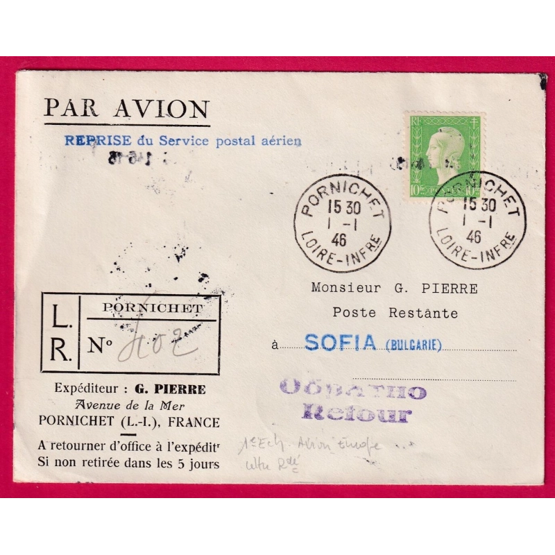N°698 SEUL SUR LETTRE PORNICHET 1946 POUR SOFIA BULGARIE LETTRE RECOMMANDE PAR AVION LOIRE INFERIEURE COVER