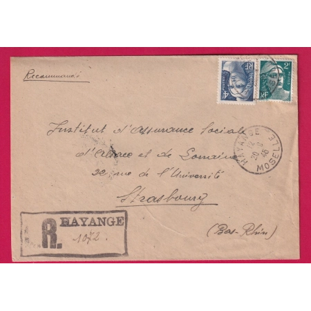 N°713 725 HAYANGE MOSELLE RECOMMANDE PROVISOIRE POUR STRASBOURG 1945 LETTRE COVER