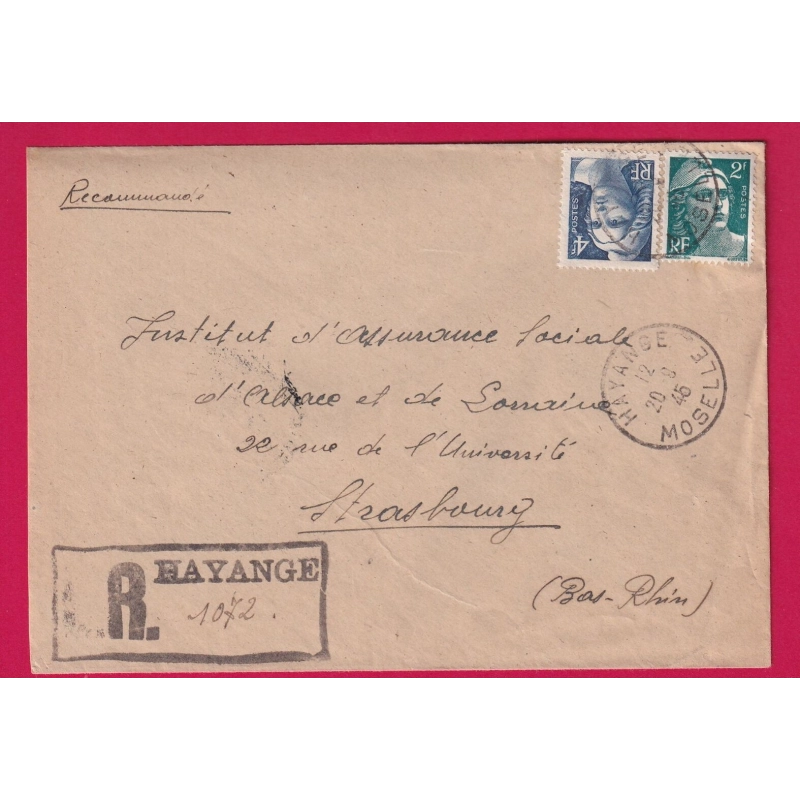 N°713 725 HAYANGE MOSELLE RECOMMANDE PROVISOIRE POUR STRASBOURG 1945 LETTRE COVER