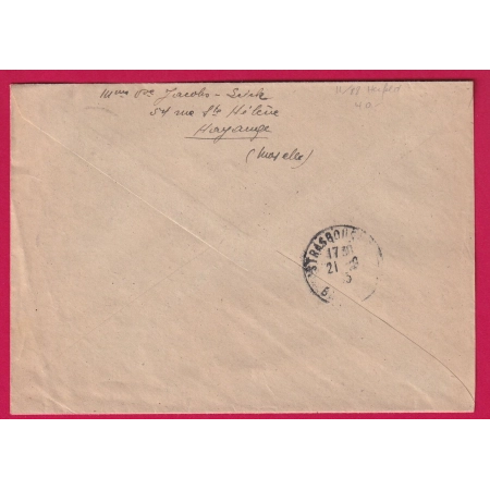 N°713 725 HAYANGE MOSELLE RECOMMANDE PROVISOIRE POUR STRASBOURG 1945 LETTRE COVER