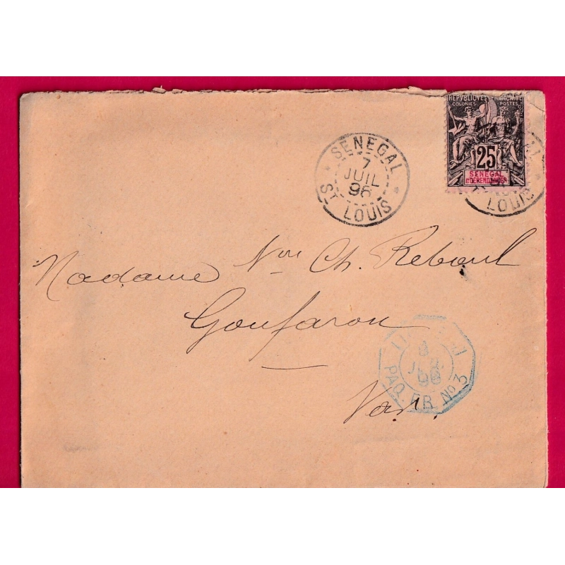 TYPE GROUPE SENEGAL ST LOUIS 1896 AMBULANT MARITIME LIGNE J PAQUEBOT FRANCAIS N°3 POUR GONFARON VAR LETTRE COVER