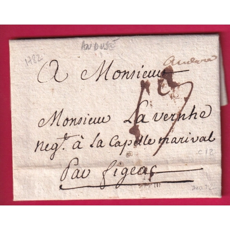 MARQUE MANUSCRIT ANDUZE 1782 POUR FIGEAC LOT INDICE 12 LETTRE COVER