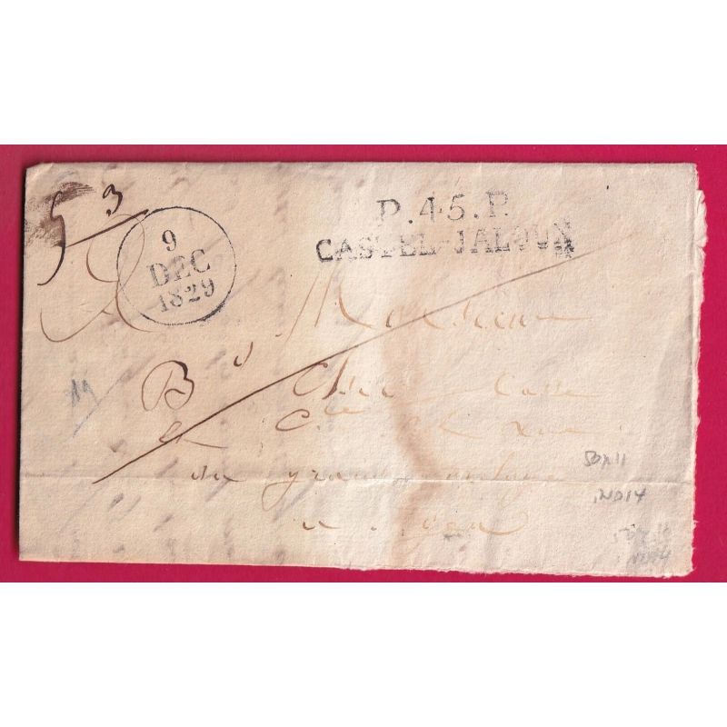 MARQUE P45P CASTELJALOUX LOT ET GARONNE POUR AGEN 1829 INDICE 14 LETTRE COVER FRANCE