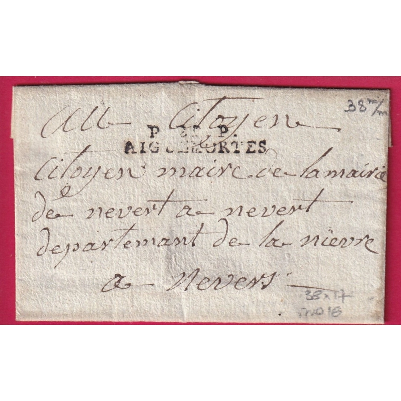 MARQUE P29P AIGUEMORTES GARD 38 X 17 INDICE 16 POUR NEVERS NIEVRE LETTRE COVER FRANCE