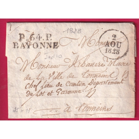 MARQUE P64P BAYONNE BASSES PYRENEES 1828 POUR TONNEINS LOT ET GARONNE 1828 INDICE 10 LETTRE COVER FRANCE