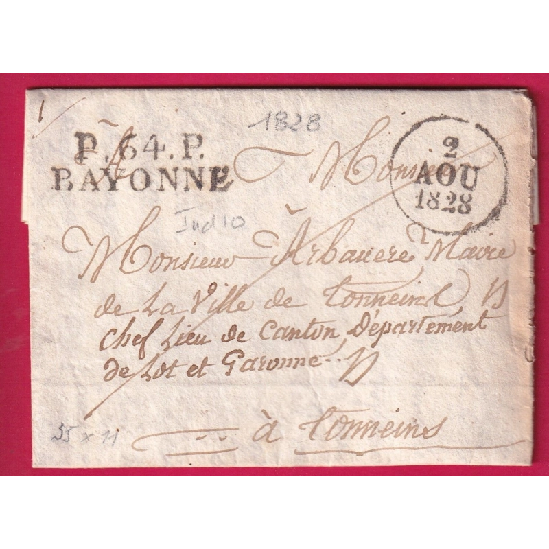 MARQUE P64P BAYONNE BASSES PYRENEES 1828 POUR TONNEINS LOT ET GARONNE 1828 INDICE 10 LETTRE COVER FRANCE