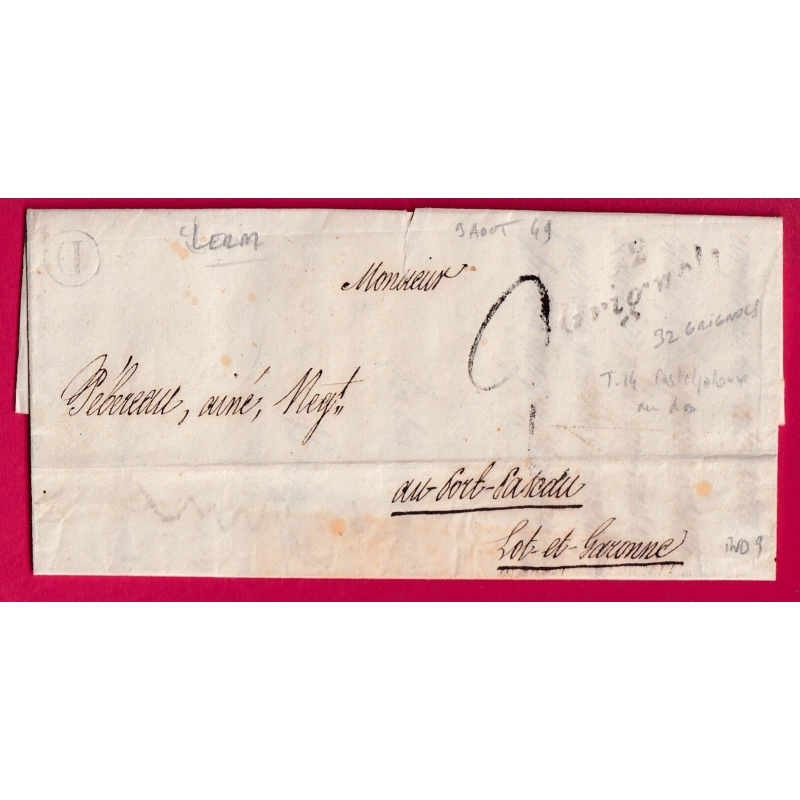 CURSIVE 32 GRIGNOLS GIRONDE 1849 BOITE RURALE D LERM POUR PORT DE PASCAU LOT ET GARONNE LETTRE COVER FRANCE