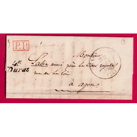 CURSIVE 45 DURAS LOT ET GARONNE  + PP 1840 CAD TYPE 13 MARMANDE POUR AGEN LETTRE COVER FRANCE