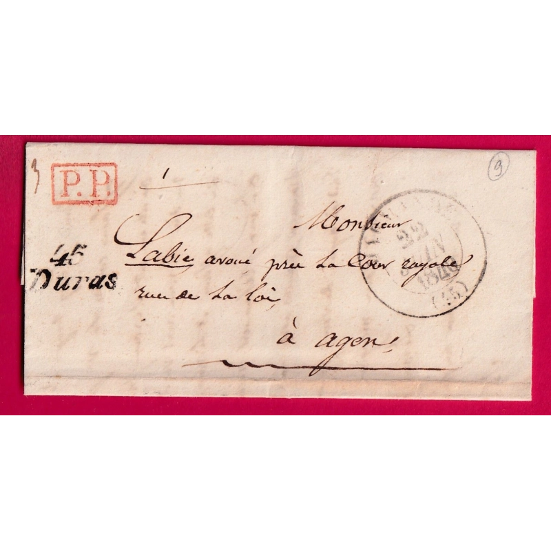 CURSIVE 45 DURAS LOT ET GARONNE  + PP 1840 CAD TYPE 13 MARMANDE POUR AGEN LETTRE COVER FRANCE