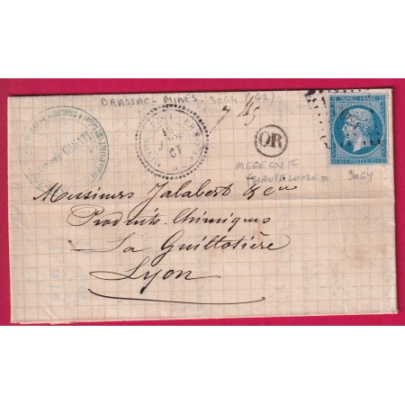 N°14 PC 3064 BRASSAC LES MINES PUY DE DOME OR DE MEGECOSTE HAUTE LOIRE POUR LYON CAC TYPE 22 LETTRE COVER