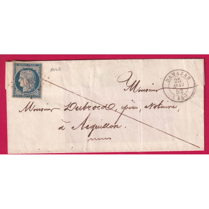 N°4 PC 1068 DAMAZAN LOT ET GARONNE POUR AIGUILLON LETTRE COVER