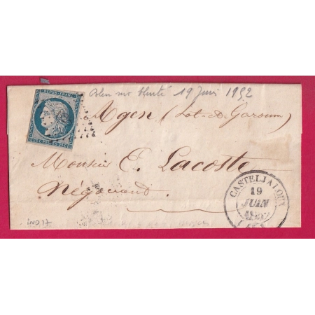 N°4 PC 628 CAD TYPE 14 CASTELJALOUX 1852 POUR AGEN INDICE 17 LETTRE COVER