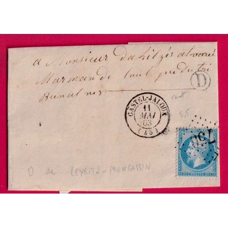 N°22 GC 750 CASTELJALOUX LOT ET GARONNE BOITE RURALE D LEYRITZ MONCASSIN POUR MARMANDE LETTRE COVER