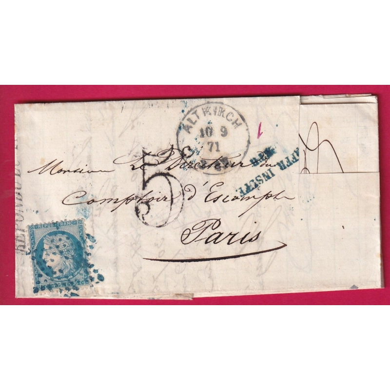 N°37 PARIS ETOILE EVIDEE BLEUE AFFR INSUFF ETRANGER DEPART ALTKIRCH BAS RHIN POUR PARIS TIMBRE ALSACE LORRAINE DECOUPE