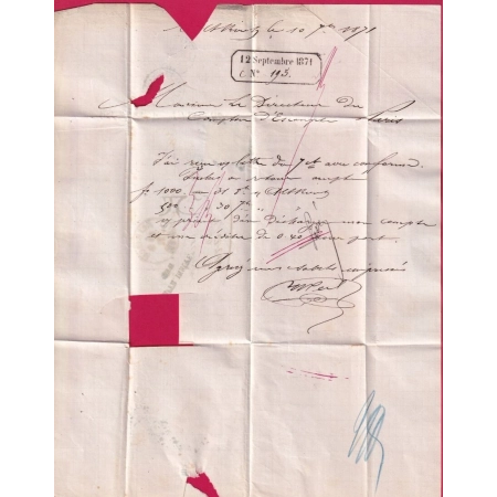 N°37 PARIS ETOILE EVIDEE BLEUE AFFR INSUFF ETRANGER DEPART ALTKIRCH BAS RHIN POUR PARIS TIMBRE ALSACE LORRAINE DECOUPE