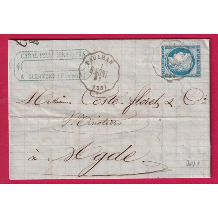 N°60 CONVOYEUR STATION PAULHAN HERAULT + MONTPELLIER AU DOS POUR AGDE LETTRE COVER