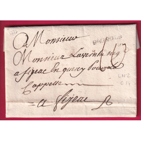 MARQUE BAGNOLS GARD LENAIN N°2 1777 INDICE 14 POUR FIGEAC LOT LETTRE COVER