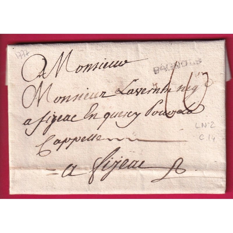 MARQUE BAGNOLS GARD LENAIN N°2 1777 INDICE 14 POUR FIGEAC LOT LETTRE COVER