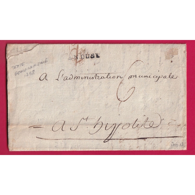 MARQUE 29 ANDUZE GARD TEXTE GENDARMERIE 1798 POUR ST. HIPPOLYTE LETTRE COVER FRANCE