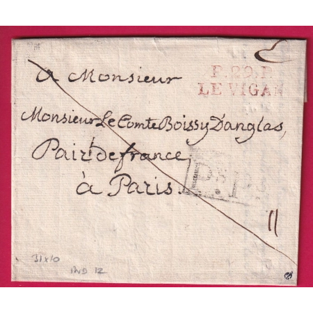 MARQUE P29P LE VIGAN GARD EN ROUGE 31X10 INDICE 12 1818 POUR PARIS LETTRE COVER FRANCE