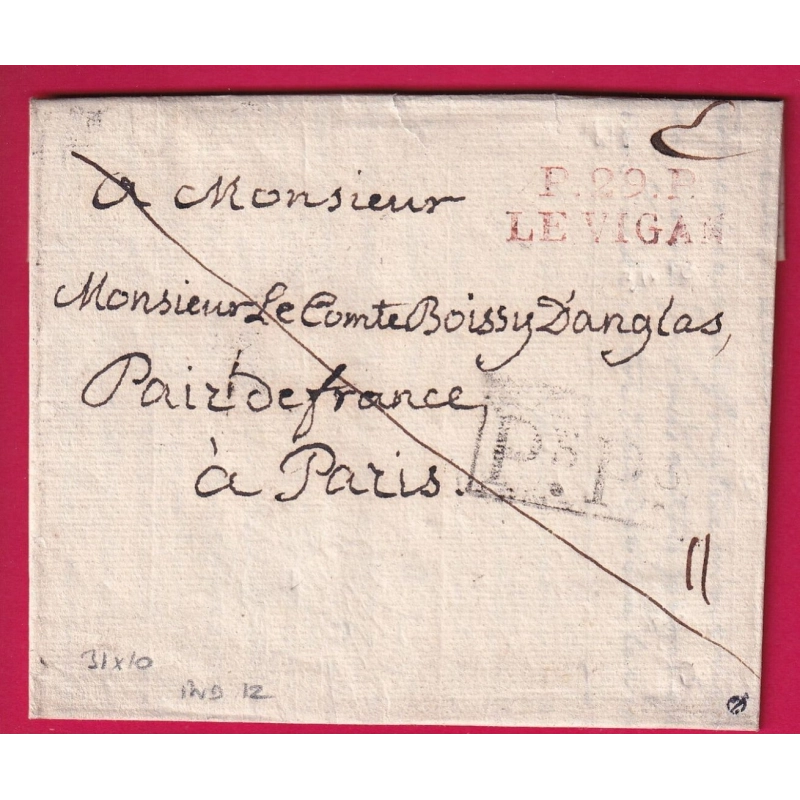 MARQUE P29P LE VIGAN GARD EN ROUGE 31X10 INDICE 12 1818 POUR PARIS LETTRE COVER FRANCE
