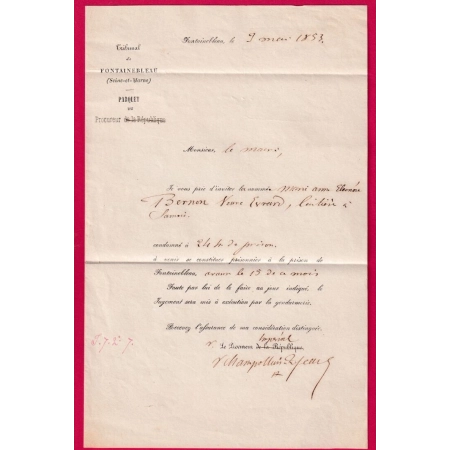FRANCHISE LE PROCUREUR IMPERIAL A FONTAINEBLEAU SEINE ET MARNE 1853 POUR SAMOIS LETTRE COVER