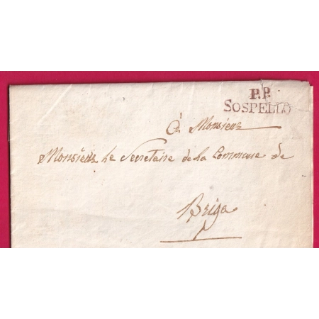 MARQUE SARDE PP SOSPELLO SOSPEL EN ROUGE 1830 POUR BRIGUE TAXE 10 LOCALE AU DOS LETTRE COVER