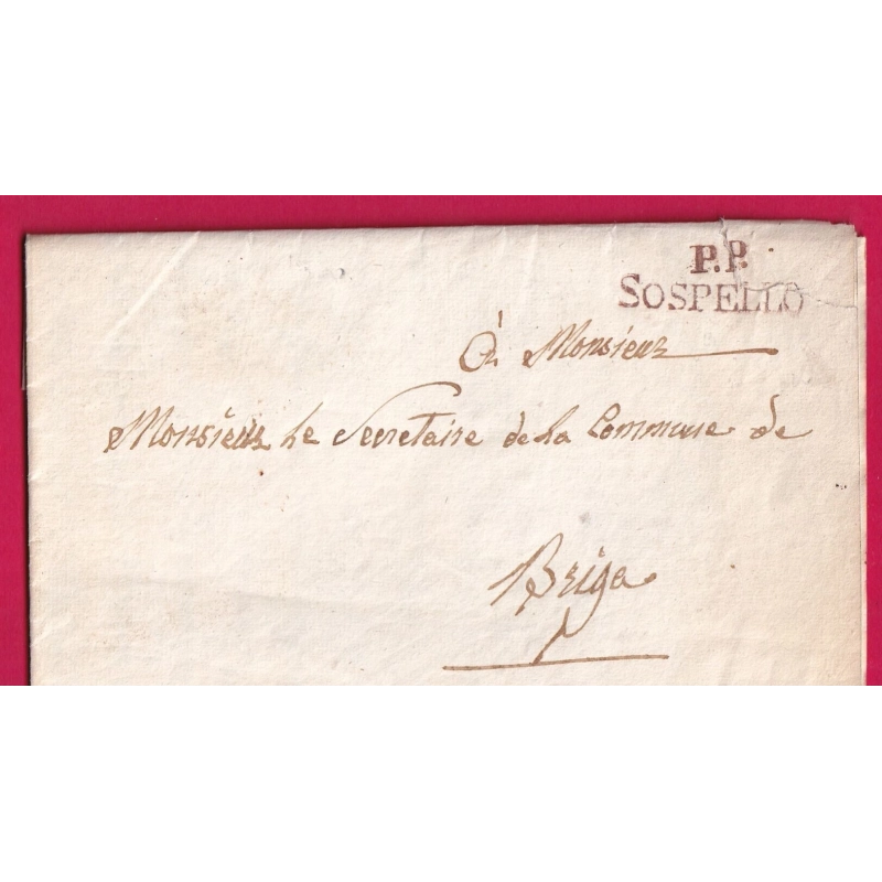 MARQUE SARDE PP SOSPELLO SOSPEL EN ROUGE 1830 POUR BRIGUE TAXE 10 LOCALE AU DOS LETTRE COVER