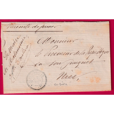 CAD TYPE 24 EN BLEU VILLARS DU VAR ALPES MARITIMES FRANCHISE LE MAIRE DE MALAUSSENE 1871 POUR NICE LETTRE COVER