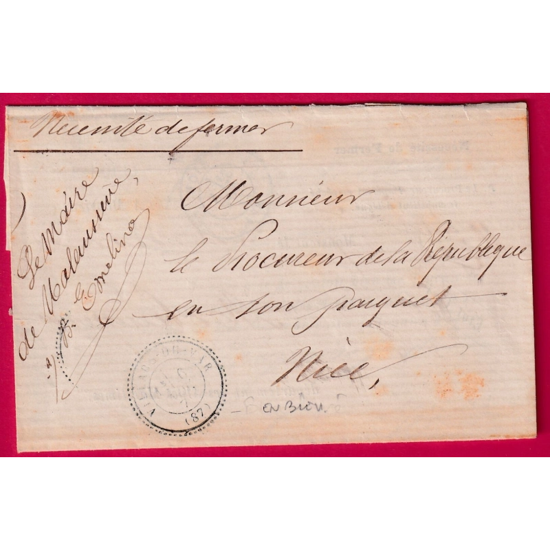 CAD TYPE 24 EN BLEU VILLARS DU VAR ALPES MARITIMES FRANCHISE LE MAIRE DE MALAUSSENE 1871 POUR NICE LETTRE COVER