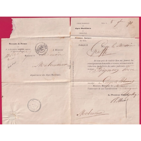CAD TYPE 24 EN BLEU VILLARS DU VAR ALPES MARITIMES FRANCHISE LE MAIRE DE MALAUSSENE 1871 POUR NICE LETTRE COVER