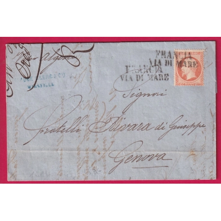 N°23 FRANCIA VIA DI MARE OBLITERATION ITALIENNE MARSEILLE POUR GENOVA ITALIE 1863 LETTRE COVER