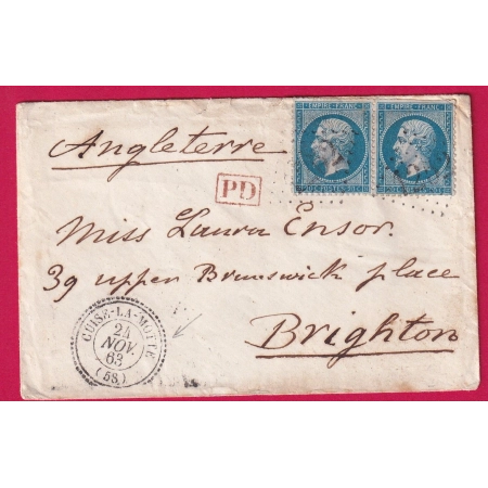 N°22 PAIRE GC 1252 CUISE LA MOTTE OISE CAD TYPE 22 POUR BRIGHTON ANGLETERRE 1863 LETTRE COVER