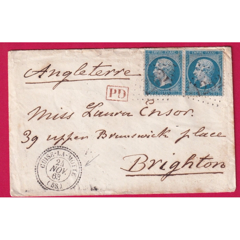 N°22 PAIRE GC 1252 CUISE LA MOTTE OISE CAD TYPE 22 POUR BRIGHTON ANGLETERRE 1863 LETTRE COVER